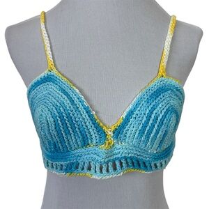 HAND CRAFTED Blue and Yellow Knit Bikini Top